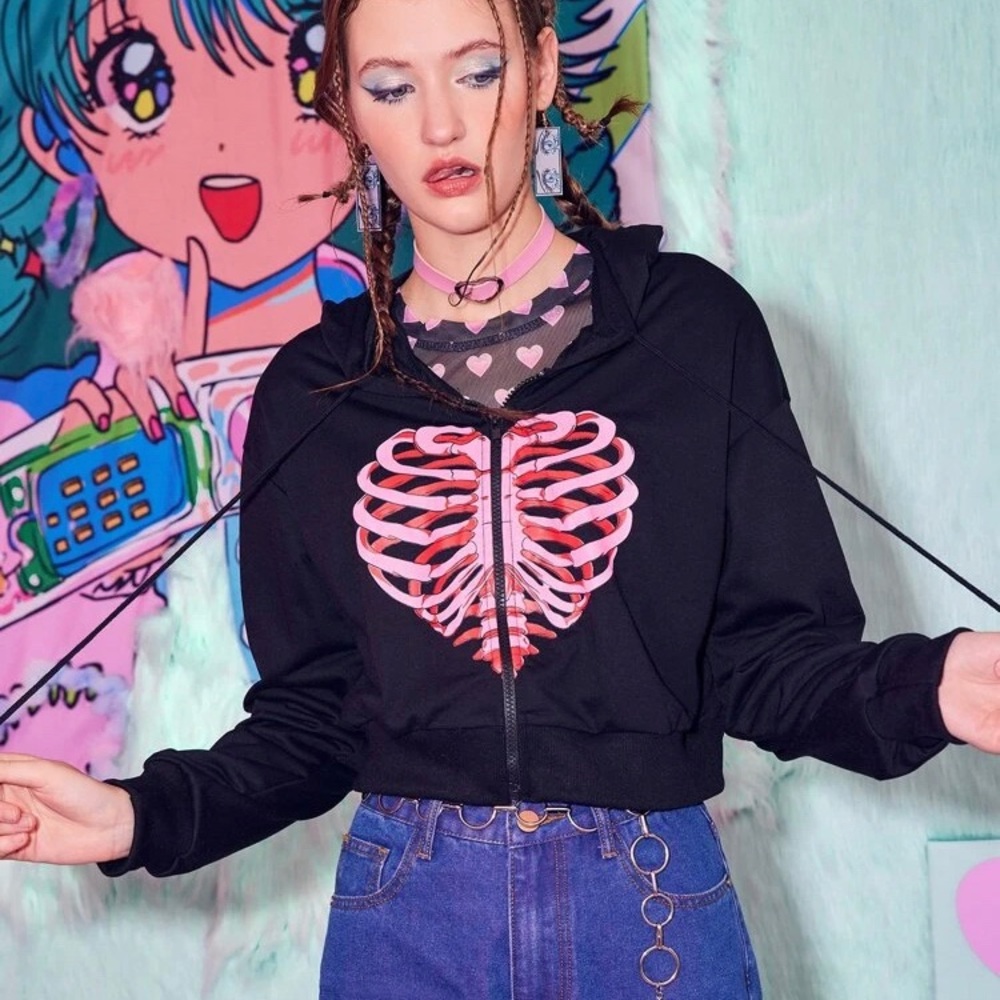 ROMWE skeleton graphic zip up drawstring hoodie